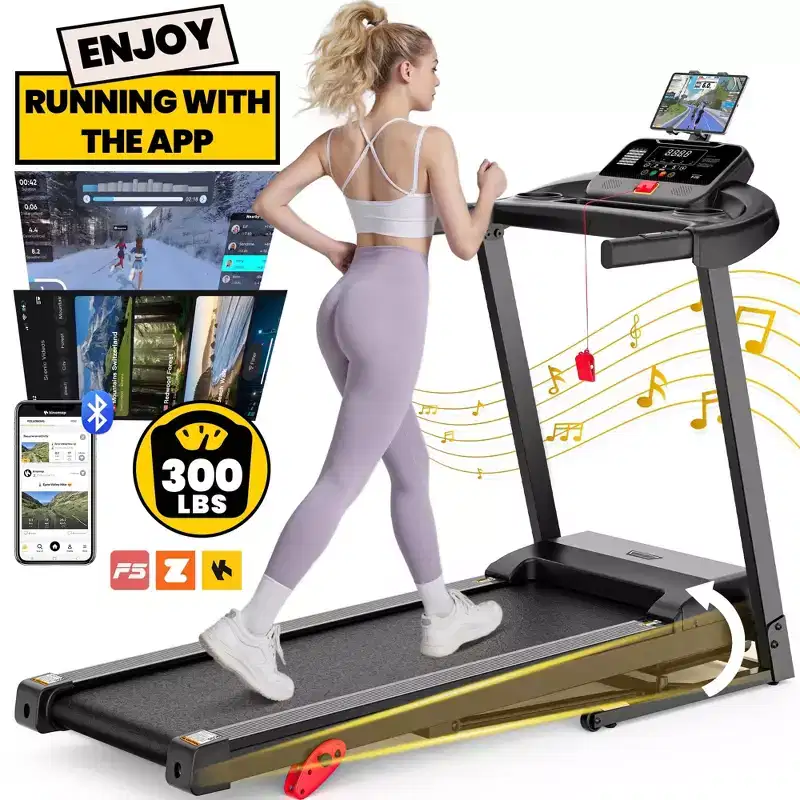 3HP Incline Treadmill w/ 300lb Capacity, Folding Treadmill for Home w/ Dual Speakers, 64+7 Programs, Virtual Run w/ APP, Walking Jogging Treadmill