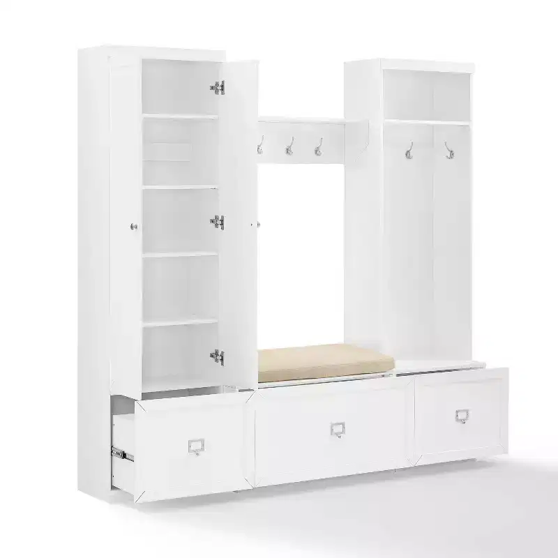 4pc Harper Entryway Set with Bench, Shelf, Hall Tree and Pantry Closet Set White - Crosley