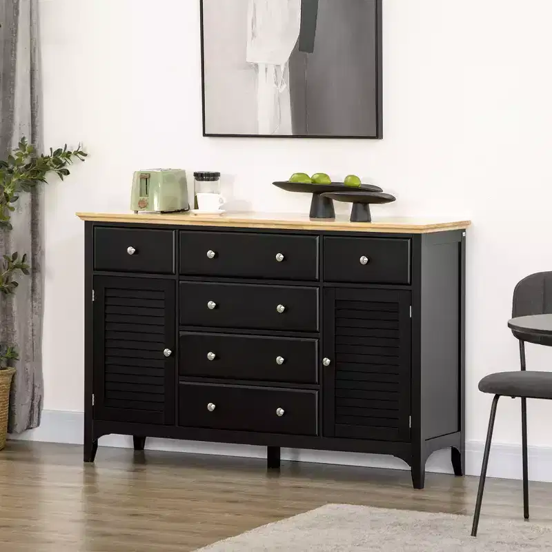 Sideboard Buffet Cabinet with Storage Drawers, Rubber Wood Top and Adjustable Shelves, Kitchen Cabinet Coffee Bar Cabinet