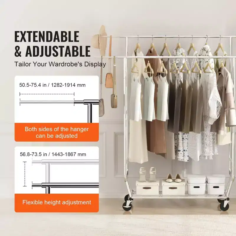 Heavy Duty Clothes Rack 600 lbs, Double Rod with Adjustable Height and Length