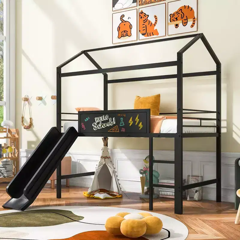 Twin Size House Loft Bed with Slide and Writable Board, Sturdy Metal Frame with Fun Play Area