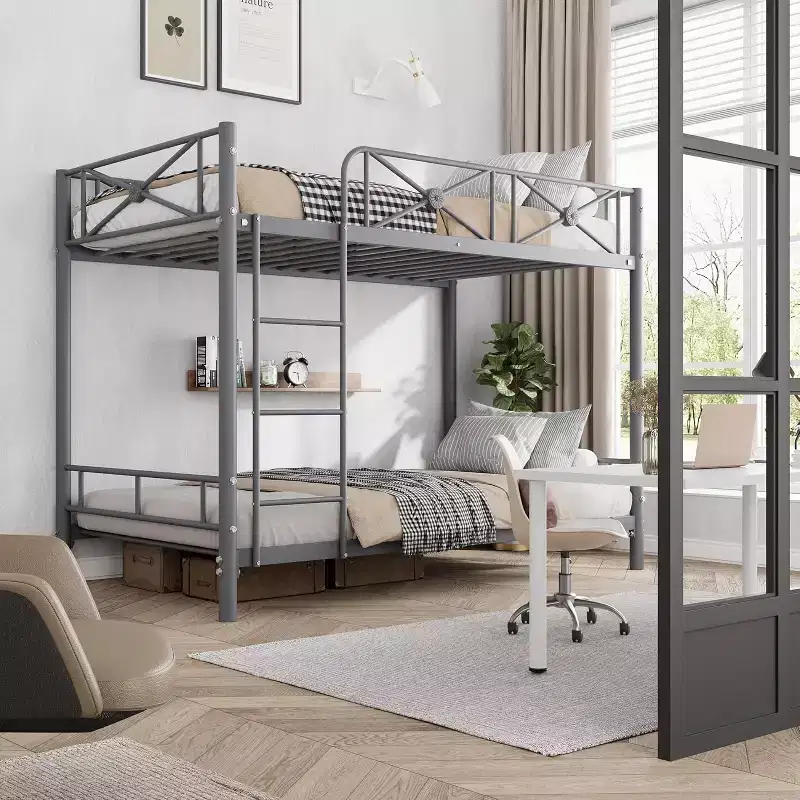 Metal Bunk Bed Twin Over Twin, Industrial Bunkbeds Heavy Duty Bed with Safety Guard Rails & Space-Saving Design, Steel Bed for School, Bedroom