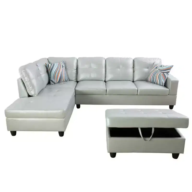 Gray PU Leather Sectional Sofa Suite L-Shaped Configuration, Tufted Upholstery, Versatile Storage Ottoman, Contemporary Living Space Solution