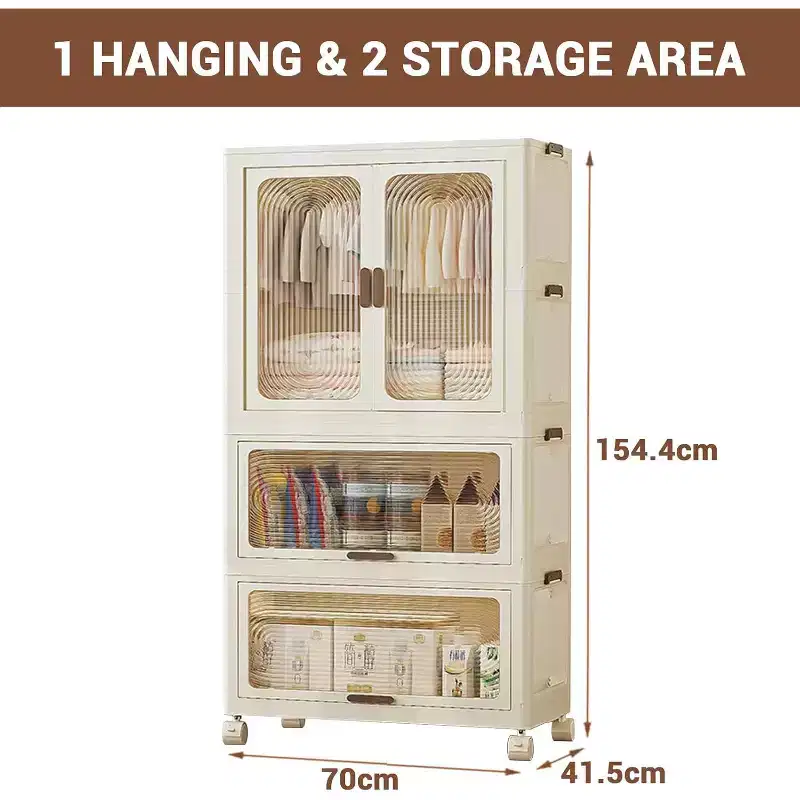 3-Tier Kids Wardrobe Closet w/Doors & Wheels - Portable Baby Clothes Organizer w/Hanging Rod & 10 Hangers