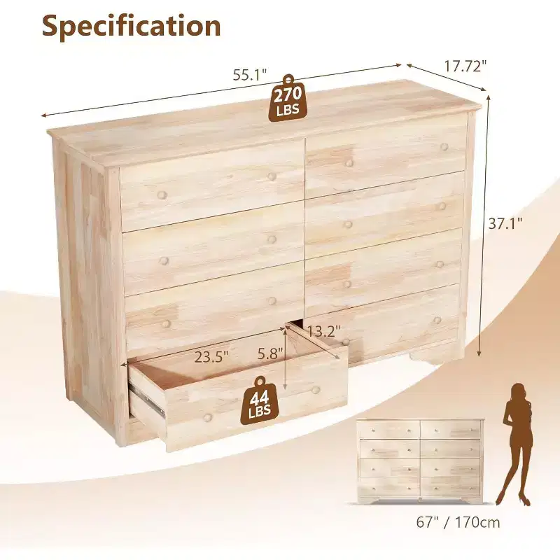 VINGLI 55 W Solid Wood Dresser 8 Drawer, Unfinished Chest for Color DIY