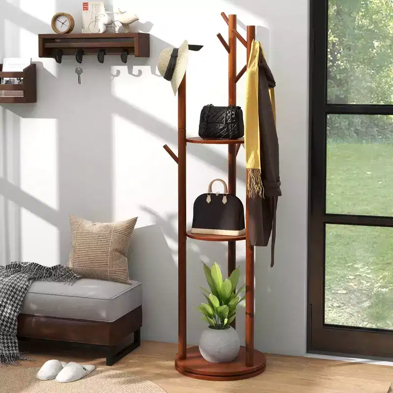 Freestanding Wooden Coat Tree 360 Rotary Coat Rack with 3 Display Storage Shelves