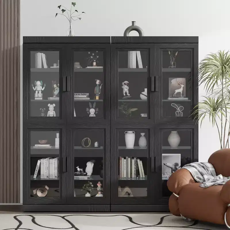 62 High Black Glass Door Wood Grain Decorative Storage Cabinet Display Cabinet, with Sufficient Space for 12 Shelves