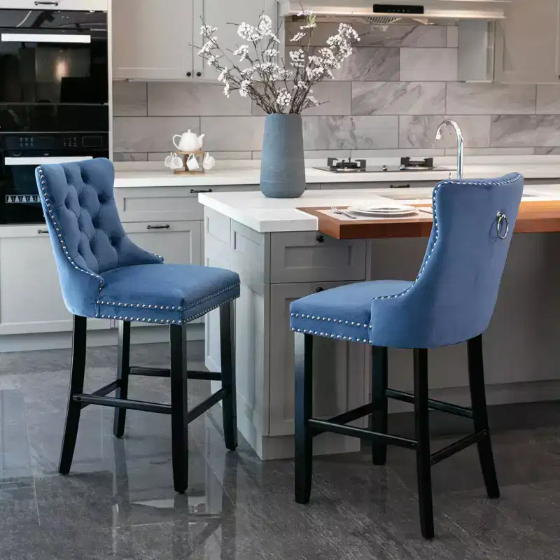Okak Contemporary Velvet Bar Stools Set of 2 with Button Tufting & Chrome Nailhead Trim, Upholstered Stools Wood Legs for Kitchen Island