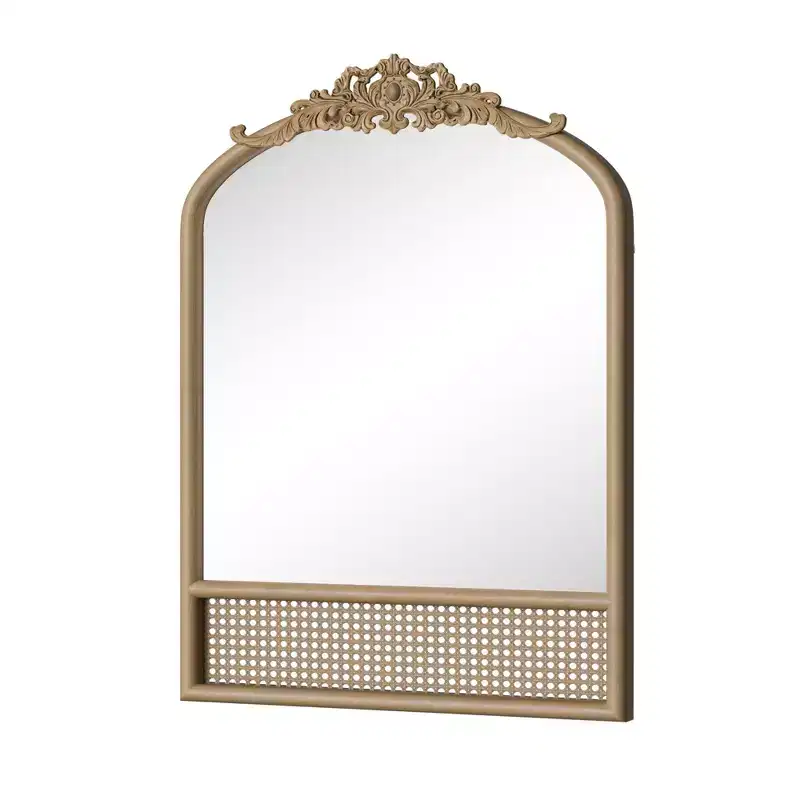Hand-Carved Solid Wood Rattan Weave Right-Angle Slightly Arched Brown Wall Mirror