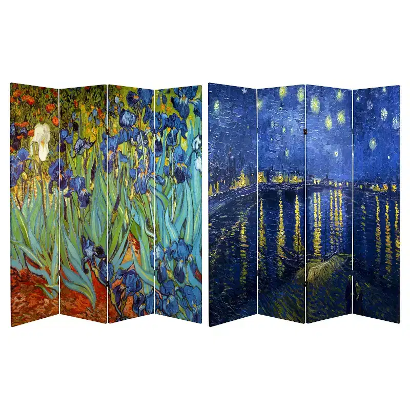 4-Panel Double-Sided Canvas Room Divider – Blue/Green, Irises & Starry Night, 1-Person