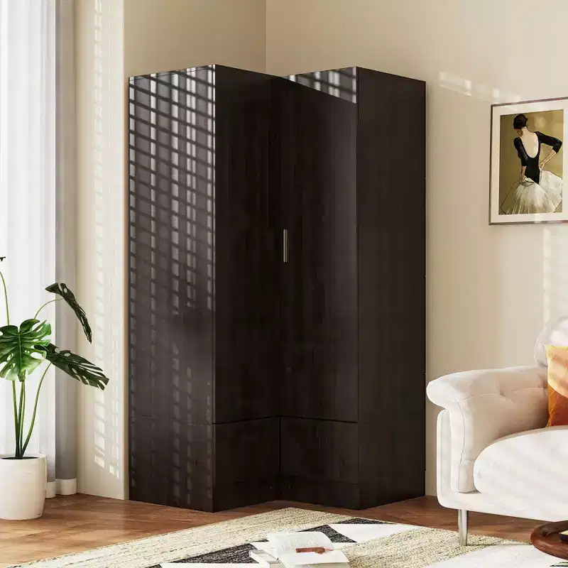 Famapy Modern Corner Armoire with Two Hanging Rods & Drawers,Sturdy Build  Space-Saving Storage Solution for Bedroom Corner & Beyond