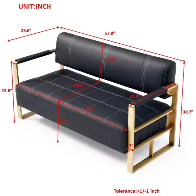Faux Leather Loveseat Sofa with Gold Metal Arms 57.9''W