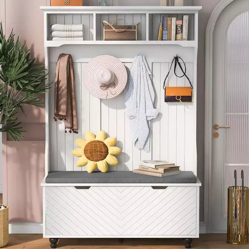 Hall Tree w/Shoe Cabinet, 4 Hookers and Open Shelves, Modern Entryway Cabinet w/Bench & Shoe Storage, 4-in-1 Coat Rack for Hallway, Living Room