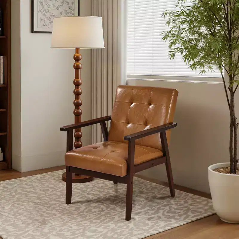 Mid Century Modern Armchair with Solid Wood Frame, PU Leather, Brown