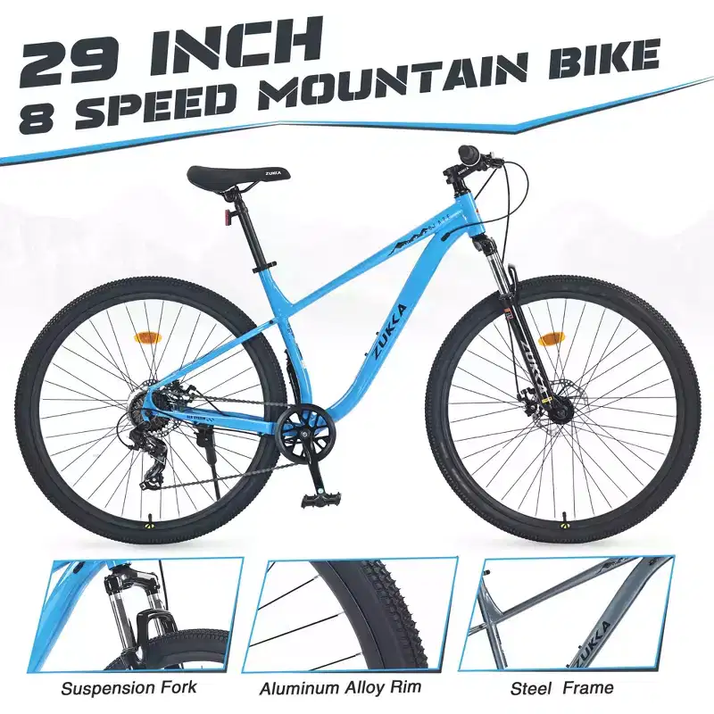 29 Inch Mountain Bike, Single Speed/ 8 Speeds , Steel Frame, Front Suspension Fork, Disc Brake Bicycle for Women Men Adult,Multi Color