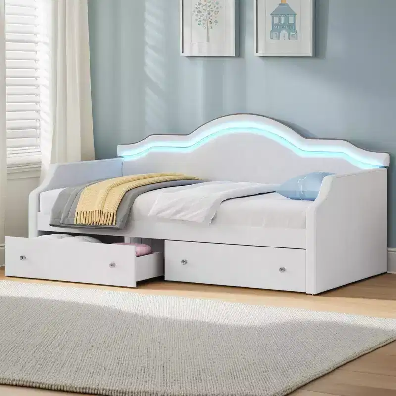Velvet Twin/Full Daybed with APP-Controlled Light Strip and 2 Drawers