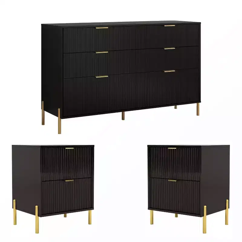 Festivo 3pc Modern Elegance 2 Drawer Nightstands and 6 Drawer Dresser Set Black