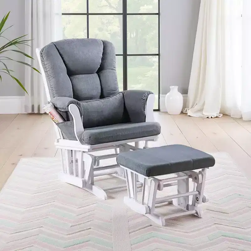 Glider Manual Recliner Chair w Square Ottoman, White Wood, Gray