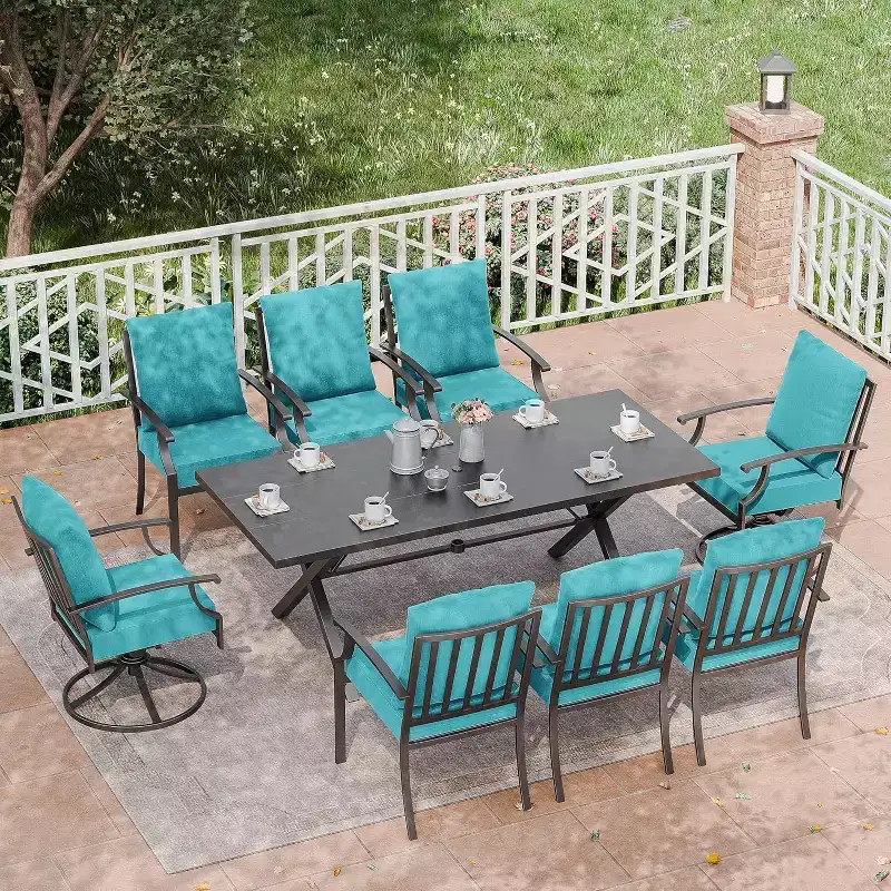 ALAULM 9 Pieces Patio Dining Set Outdoor Furniture with 2 Swivel Chairs and 6 Fixed Chairs, Large Table