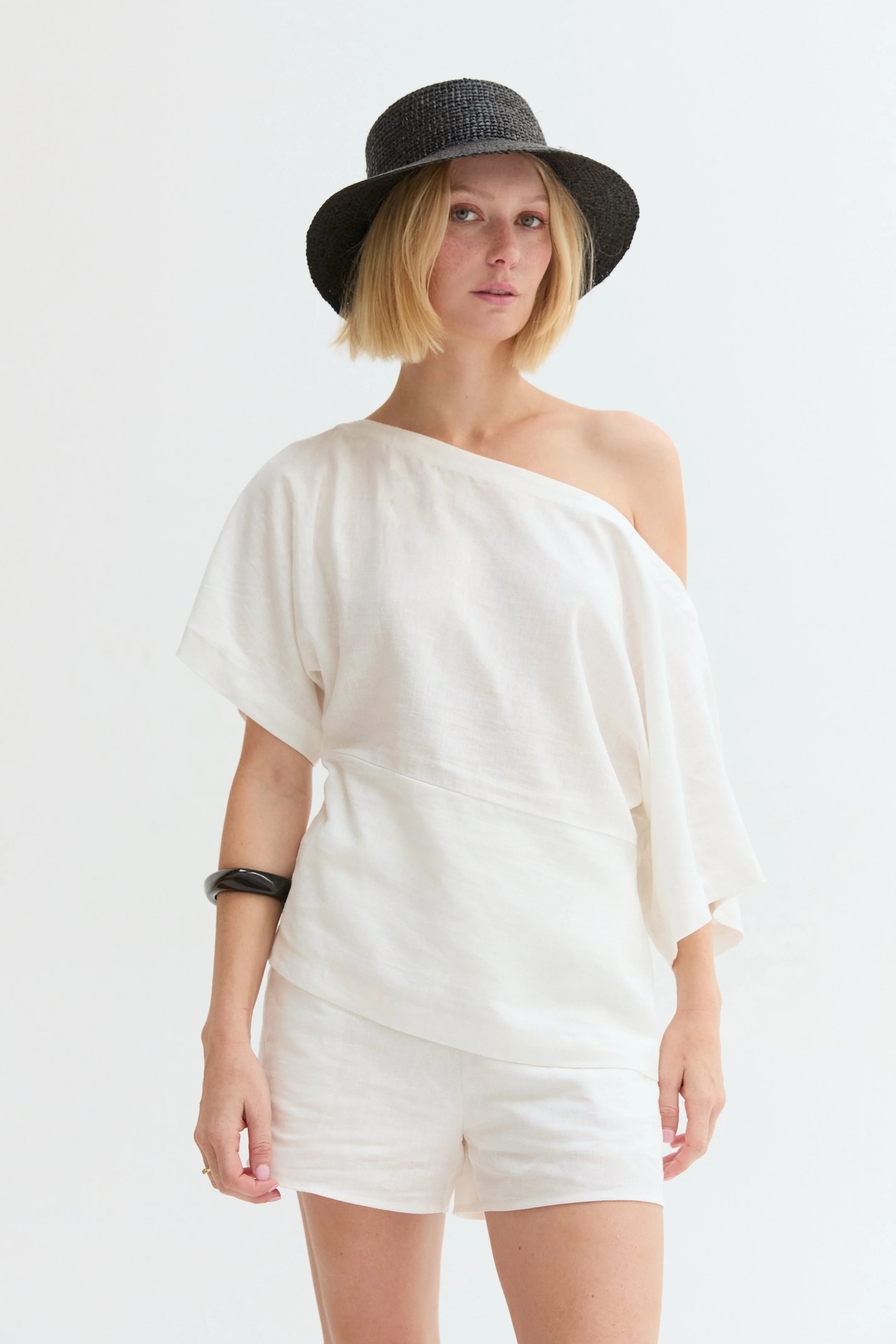 One Shoulder Linen Blend Top