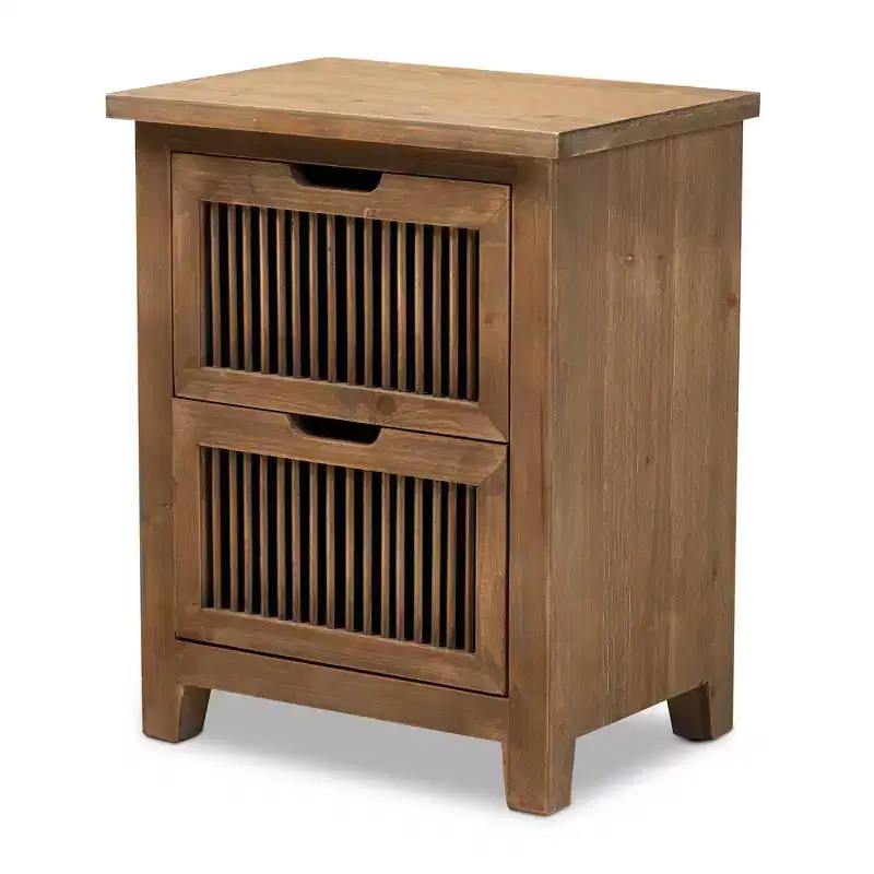 Baxton Studio Clement 2 Drawer Wood Spindle Nightstand Brown: Modern Bedside Table, Fir & MDF Frame, No Assembly Required