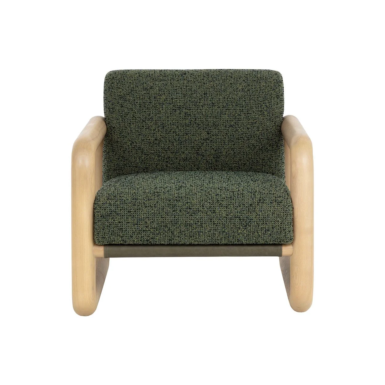 Modern Ash Wood & Leather Lounge Chair with Olive Panel Back for Living Room