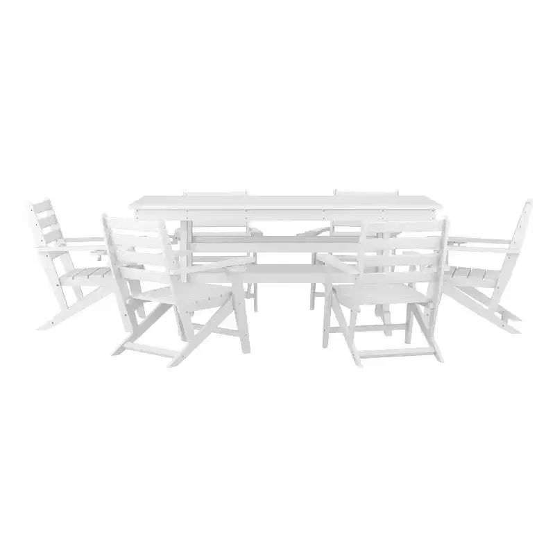 Emma and Oliver 7 PC Adirondack Dining Set with 72 Rectangle Indoor/Outdoor Recycled HDPE Table and 6 Chairs with Cupholders