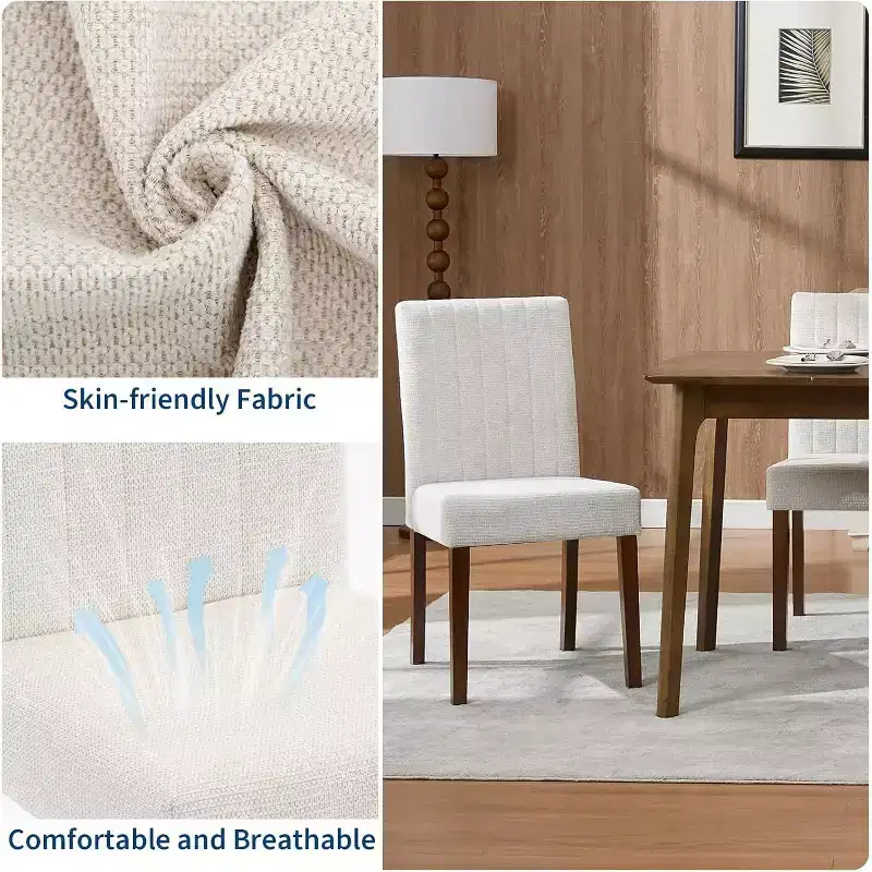 Acekool Dining Chairs Set of 2, Upholstered Tufted Striped Fabric with Padded High Back, Wood Legs & Adjustable Foot Caps, Beige