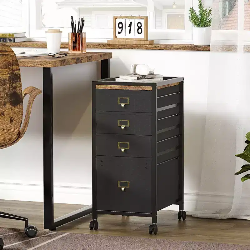 Retro - colored MDF Iron Under - Table Cabinet with Cloth Drawers, Lockable Wheels, Anti - Drop Buckle, A4 Document Storage