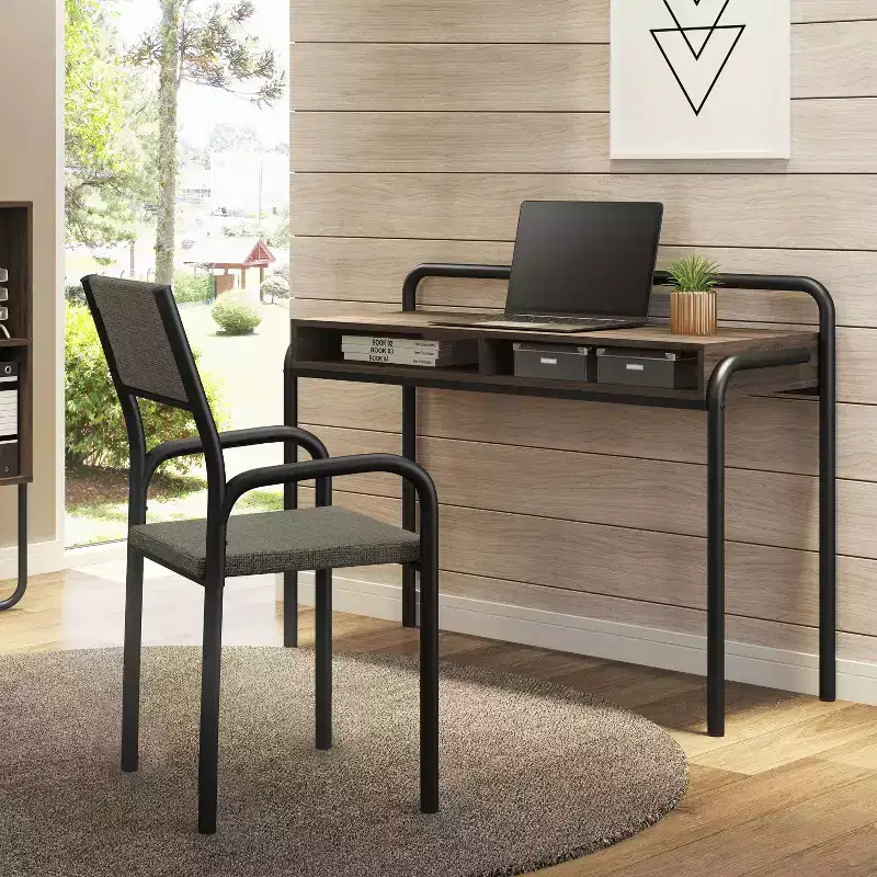 TUYOHW Modern Classic Writing Desk,Wooden Office Desk with 2 Open Shelves,Walnut Desktop,Black Steel Frame,Industrial Computer Desk for Home Office