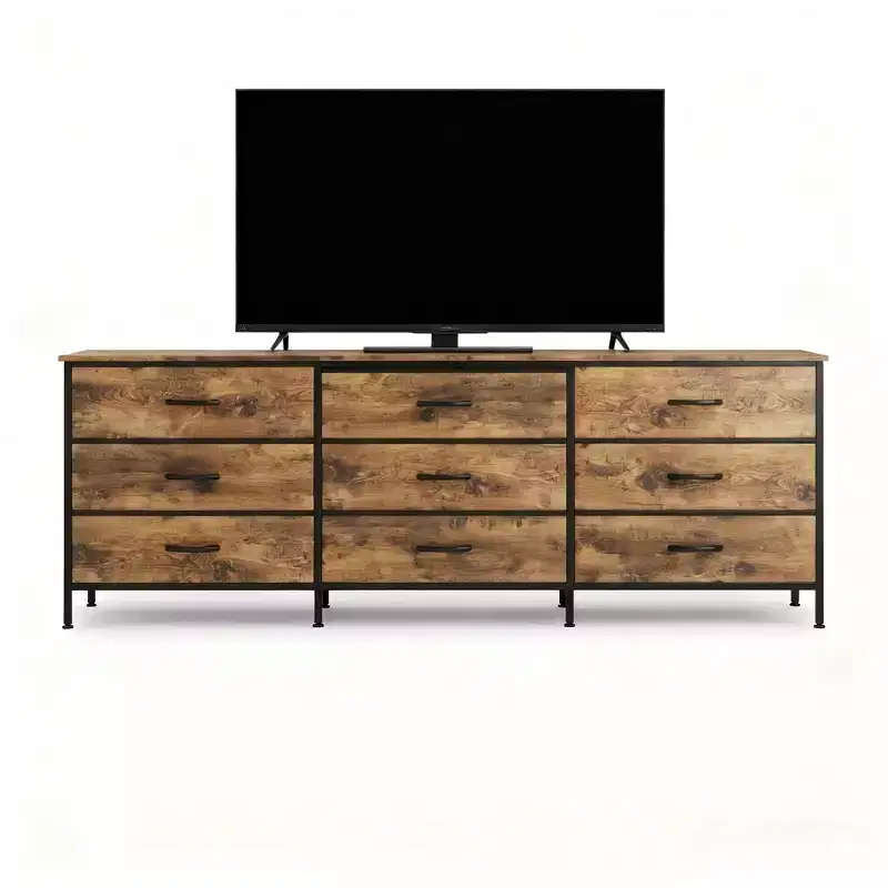Living Room TV Stand with 9 Fabric Drawers, Media Storage Console Furniture