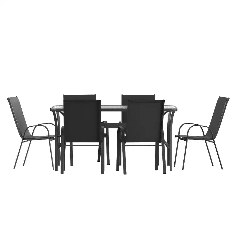 Merrick Lane 7 Piece Outdoor Dining Table Set for 6 with Glass-Top Patio Table and 6 Stack Chairs with Flex Comfort Material