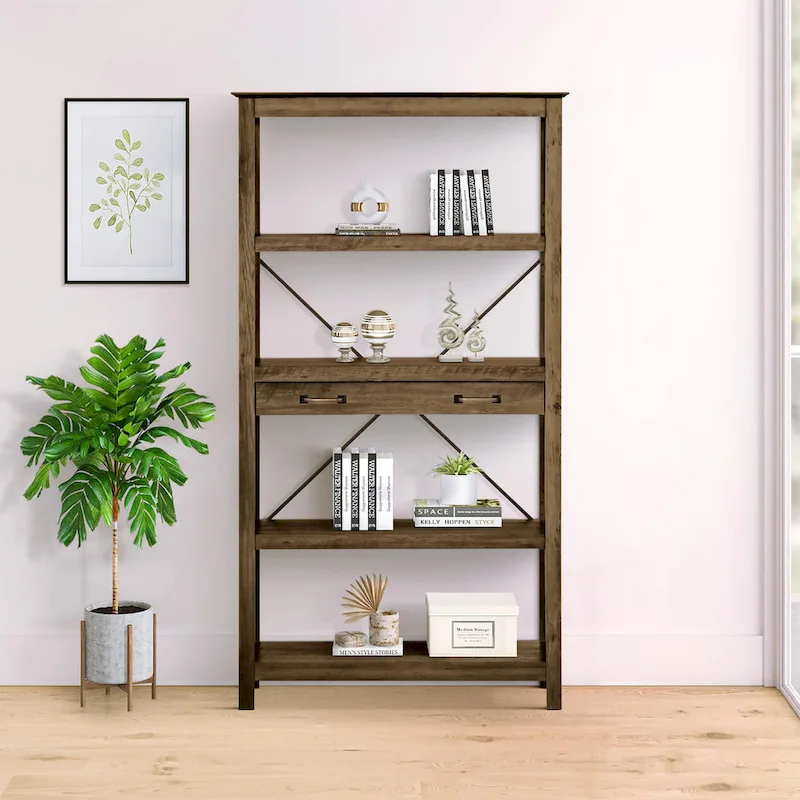 Transitional Four-Shelf Bookcase with 2 Drawers