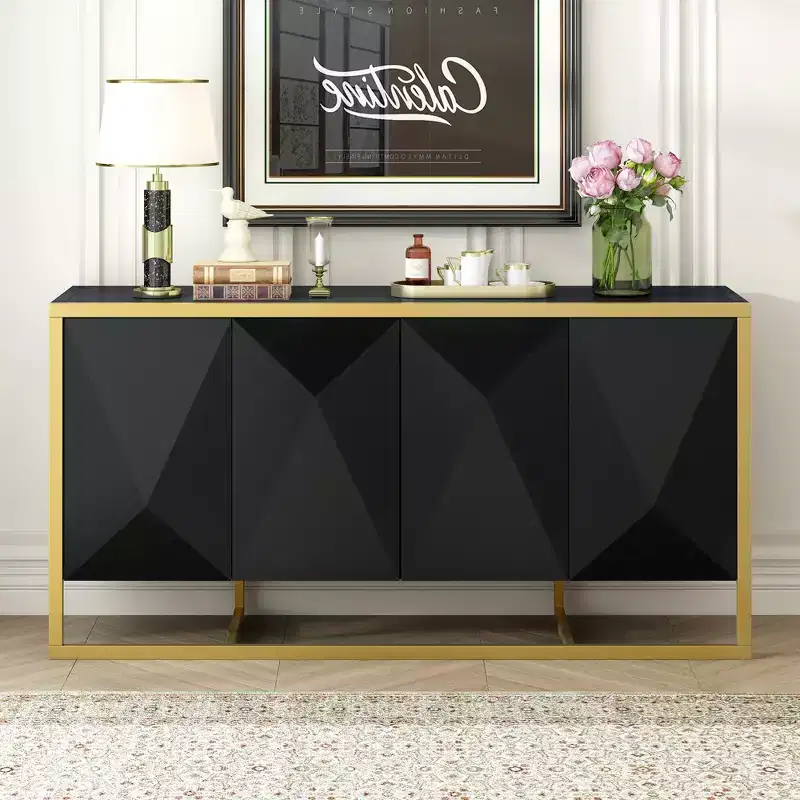 Sideboard Buffet Cabinet, Wood Kitchen Coffee Bar Buffet Cupboard Cabinet, Storage Console Table With 4 Doors And Unique Metal Legs