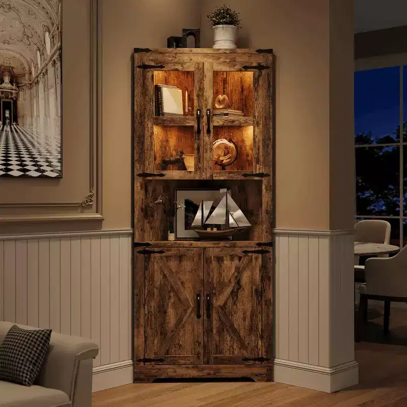 Lighted Farmhouse Corner Storage Cabinet, 67 In Tall Organizer with Adjustable Shelves, Glass Door, for Living Room, Kitchen, Bathroom, Entryway