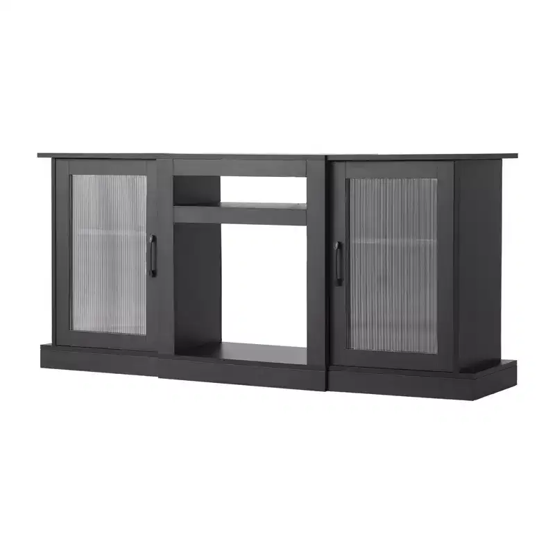 VEVOR TV Stand for TVs up to 65 inch, Modern Entertainment Center with Light Strip, Wooden TV Cabinet Storage, Black