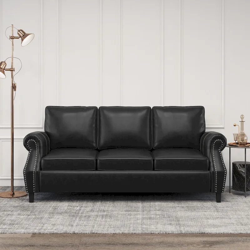 80 Modern Faux Leather 3-Seater Sofa with Birch Legs and Nailheads