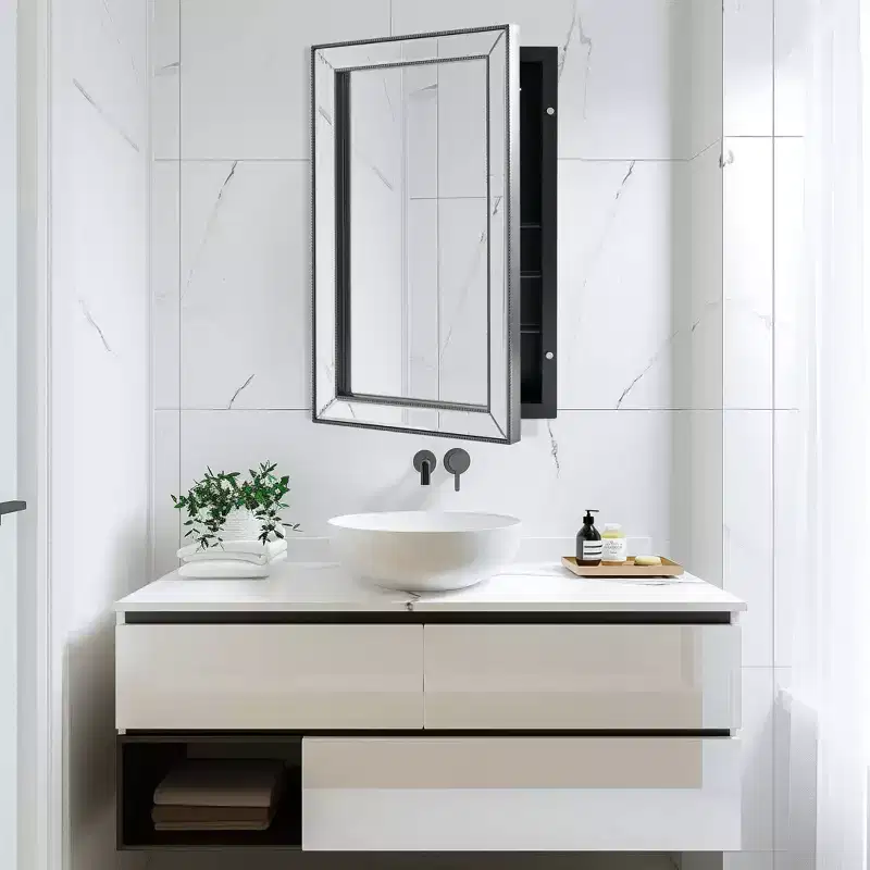 Head West 16"x26" Stylish Brushed Black Sleek Metro Beaded Medicine Cabinet with Mirror