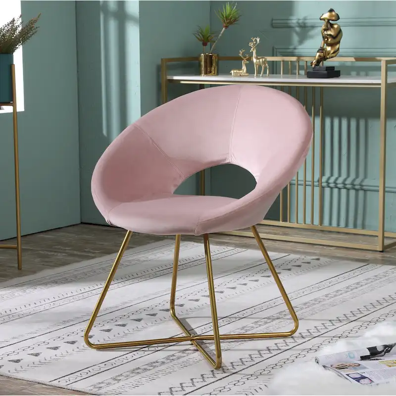 Pink Modern 28 Polyester Upholstered Accent Chair with Gold Tone Finished Base and Metal Sled Legs