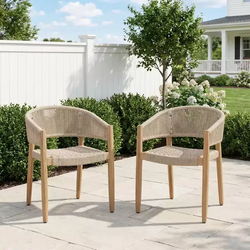 ModernLuxe Acacia Wood Outdoor Rope Dining Chairs, Patio Accent Chair Club Chair with Hand-Woven Rope - Set of 2, Brown