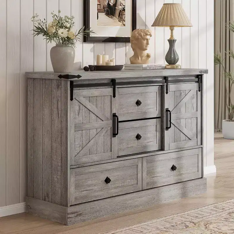 COZONY 45 White 4 Drawer Dresser with Barn Doors  Bedroom Wood Dresser for Closet, Living Room, TV Stand