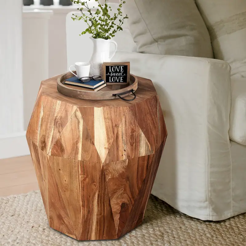 22 Inch Artisanal End Side Table, Multifaceted Solid Acacia Wood, Octagon Top, Natural Brown