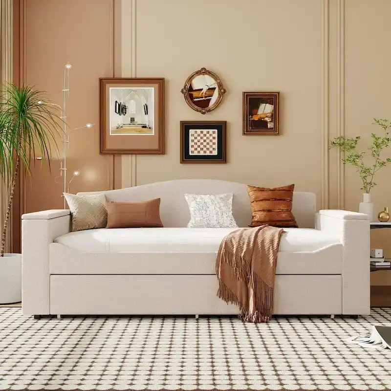 Twin Size Fleece Daybed with Storage Armrests and Trundle