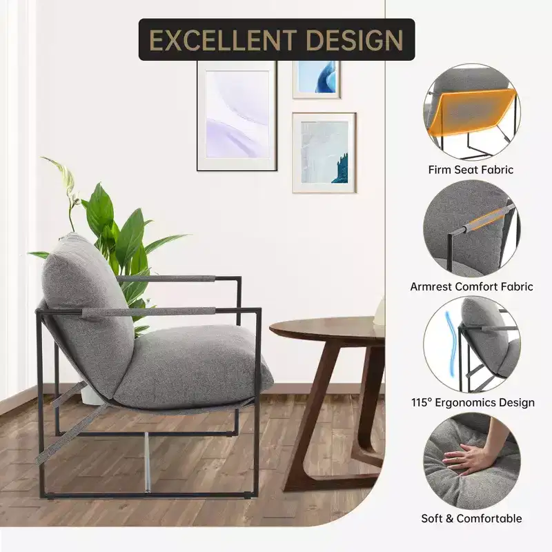 Sling Accent Chair with Metal Frame, Upholstered Living Room Chair with Foam Cushioning