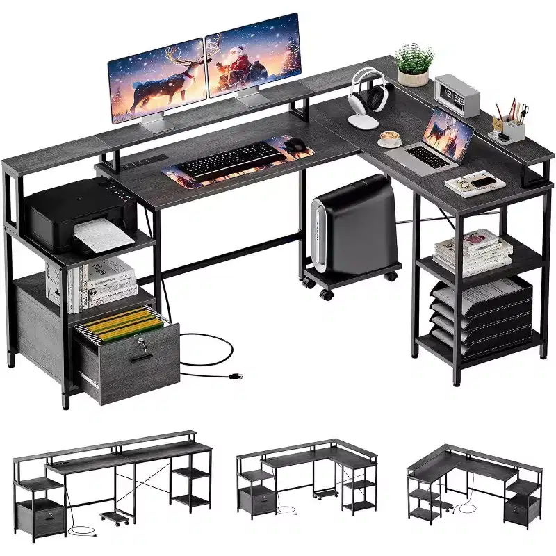 Acekool 76 L-Shaped Reversible Office Desk with File Drawer, Power Outlets, Monitor Shelf & Storage, Gray Corner Desk for Home Office