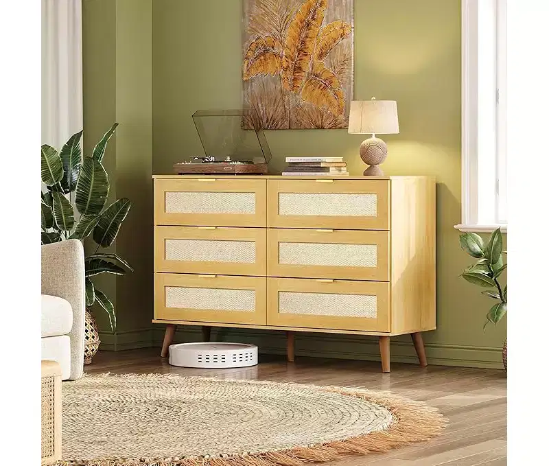 Boho Rattan 6-Drawer Dresser  47.24'' Wide Storage Cabinet with Gold Handles, Fits 55'' TV, Ideal for Bedroom, Living Room,Light Oak