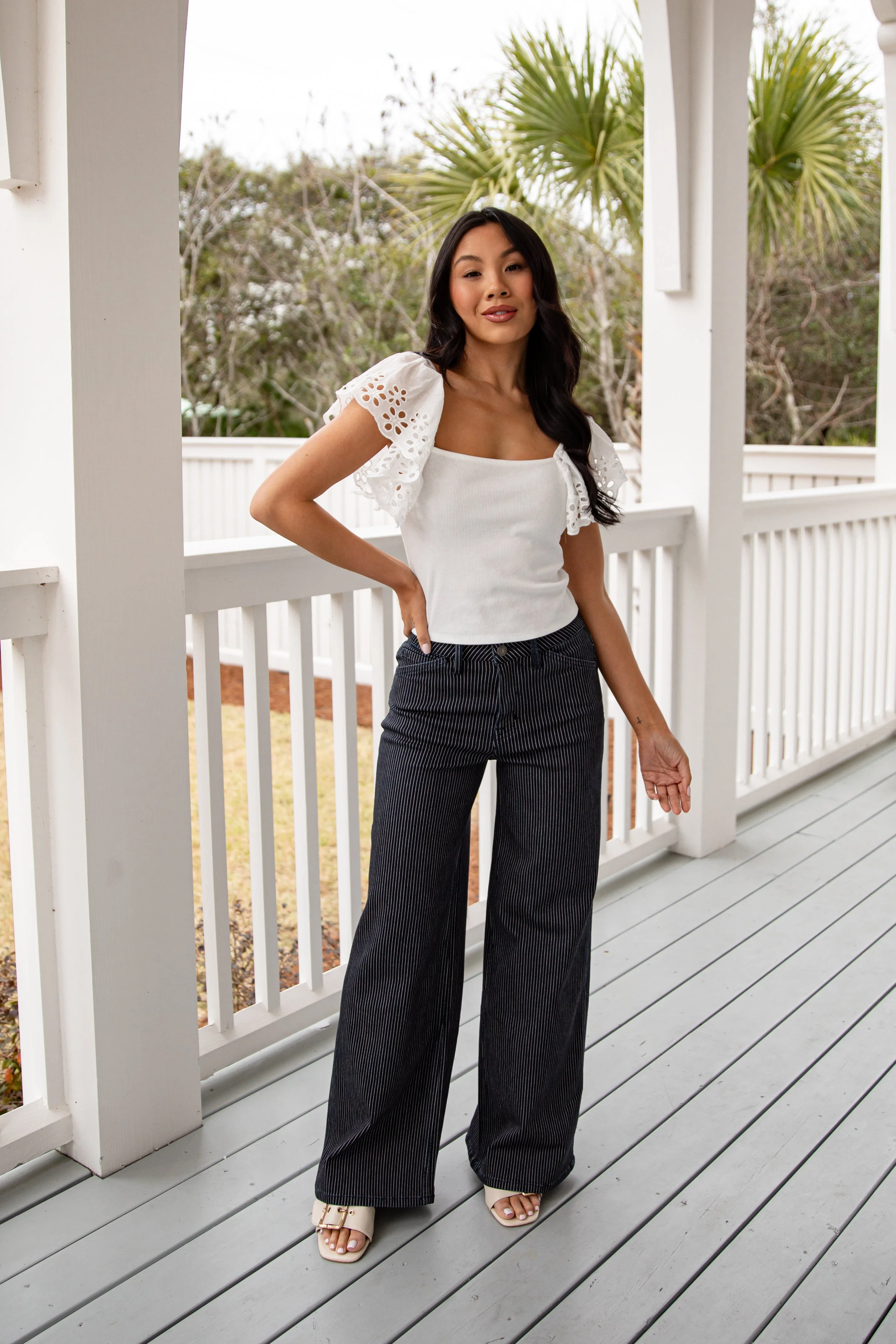 Dark Wash Pinstripe High Waist Wide Leg Jeans