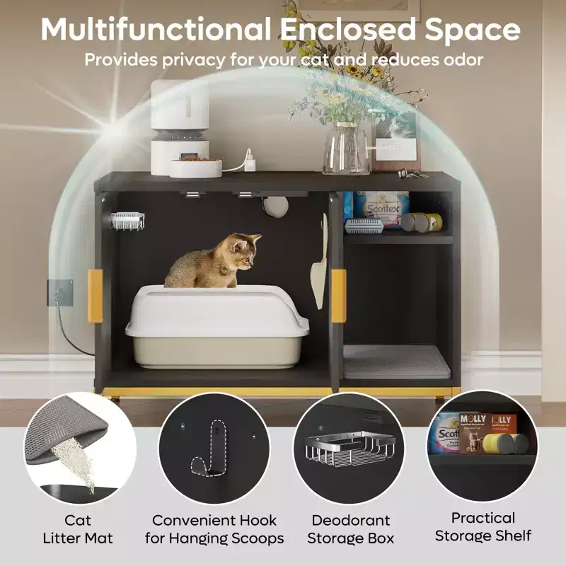 Bestier - Concealed Cat Litter Box Cabinet with Charging Station Litter Mat and Cat Washroom