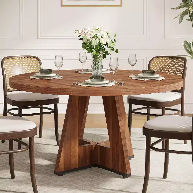 47-Inch Round Dining Table for 4, Farmhouse Circle Kitchen Table with Wooden Pedestal Base for Kitchen, Dining Room, Living Room, Brown
