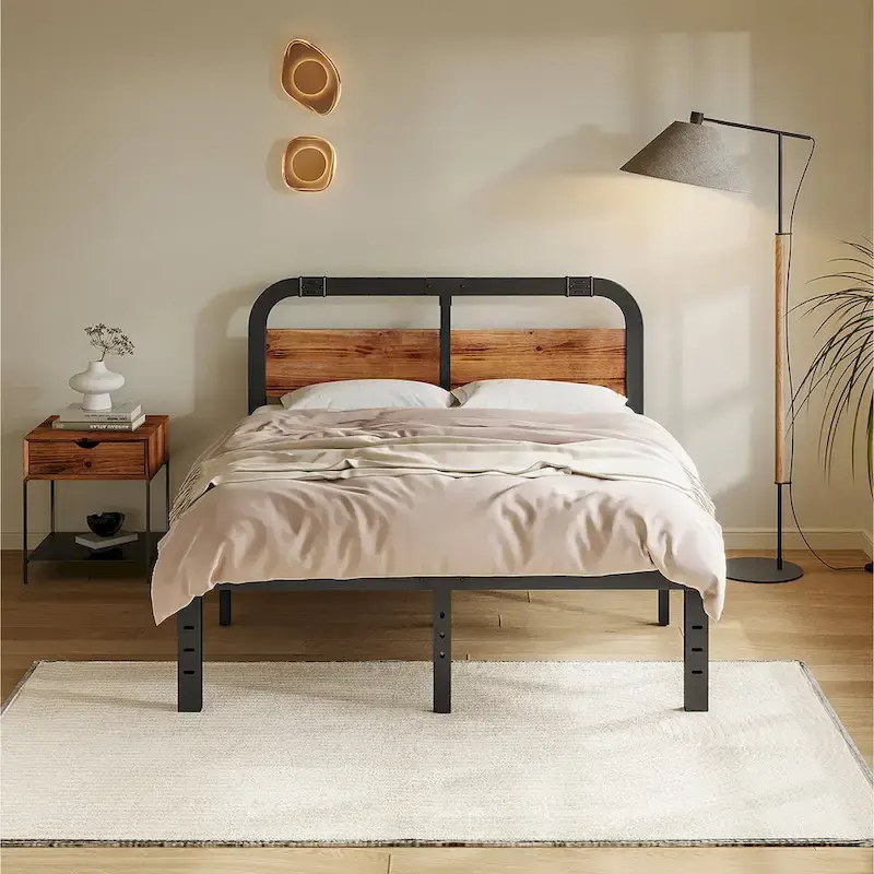 Bed Frame 14 Inch Rustic Wood Headboard, Heavy Duty Steel Slats Support, No Box Spring Needed